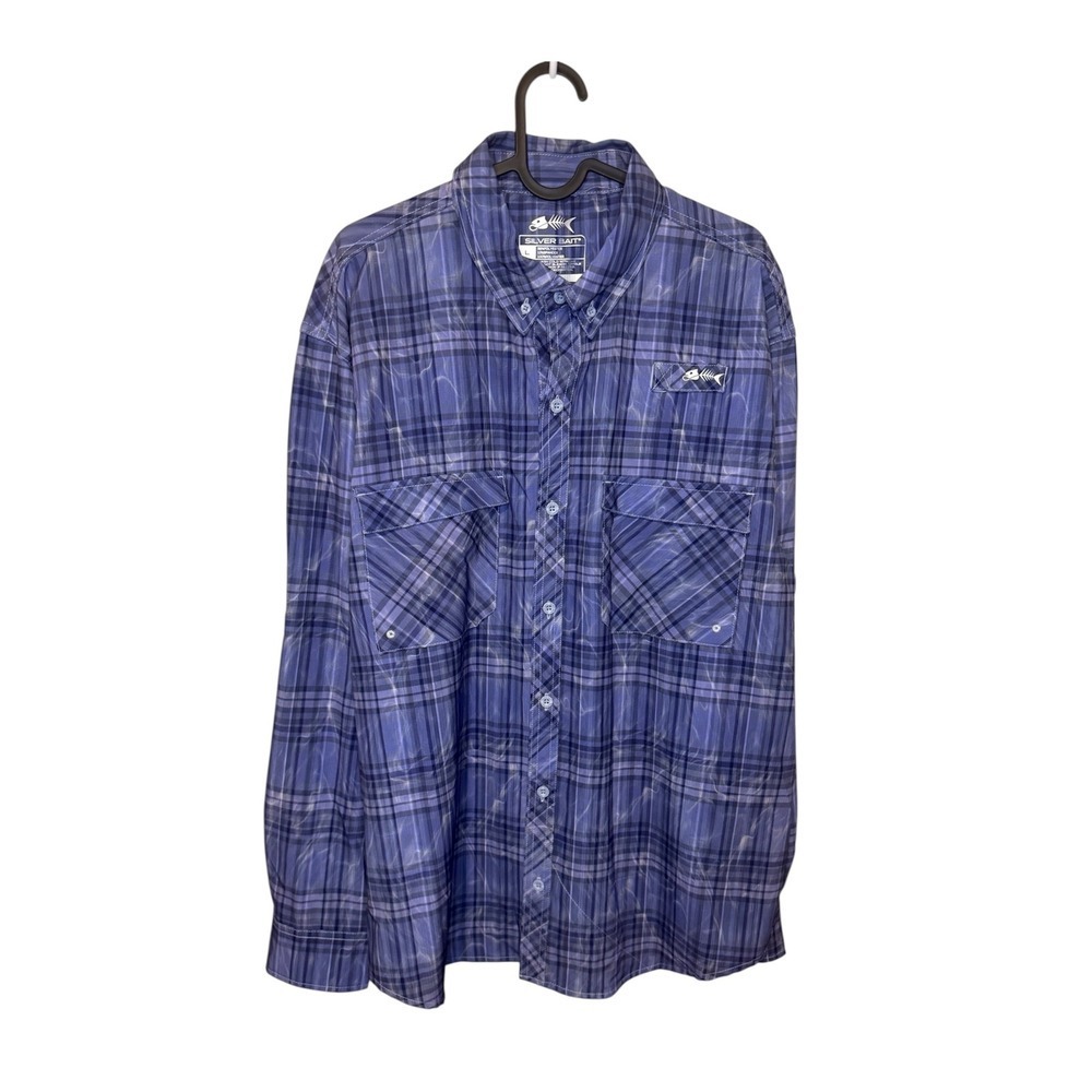 Silver Bait Mens L Plaid Fishing Shirt Long Sleeve Button Up Blue